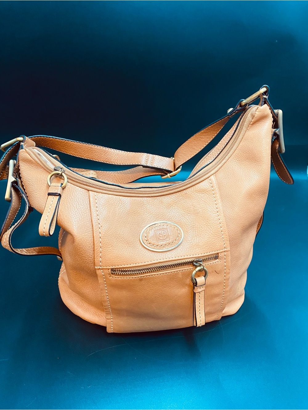 Giani Bernini Tan Pebble Leather Shoulder Bag with Front Zip